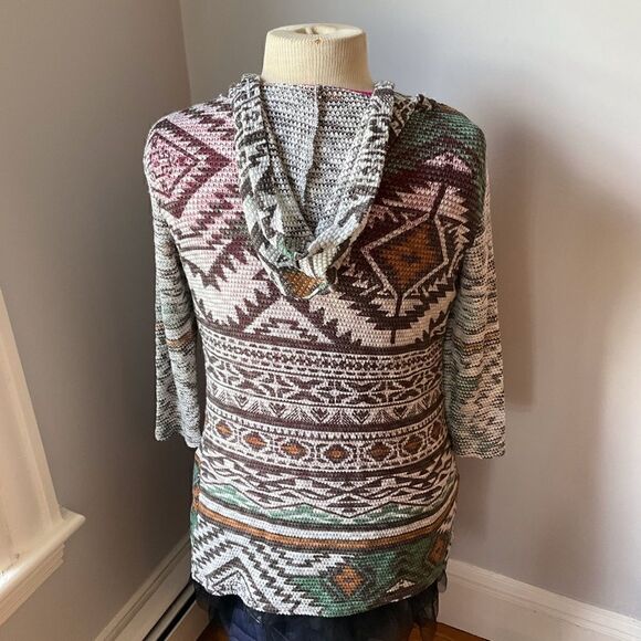 Aztec Boho Sweater. Hooded Western Style Duster. Cool! Med. Light Shacket hippie - Picture 2 of 8